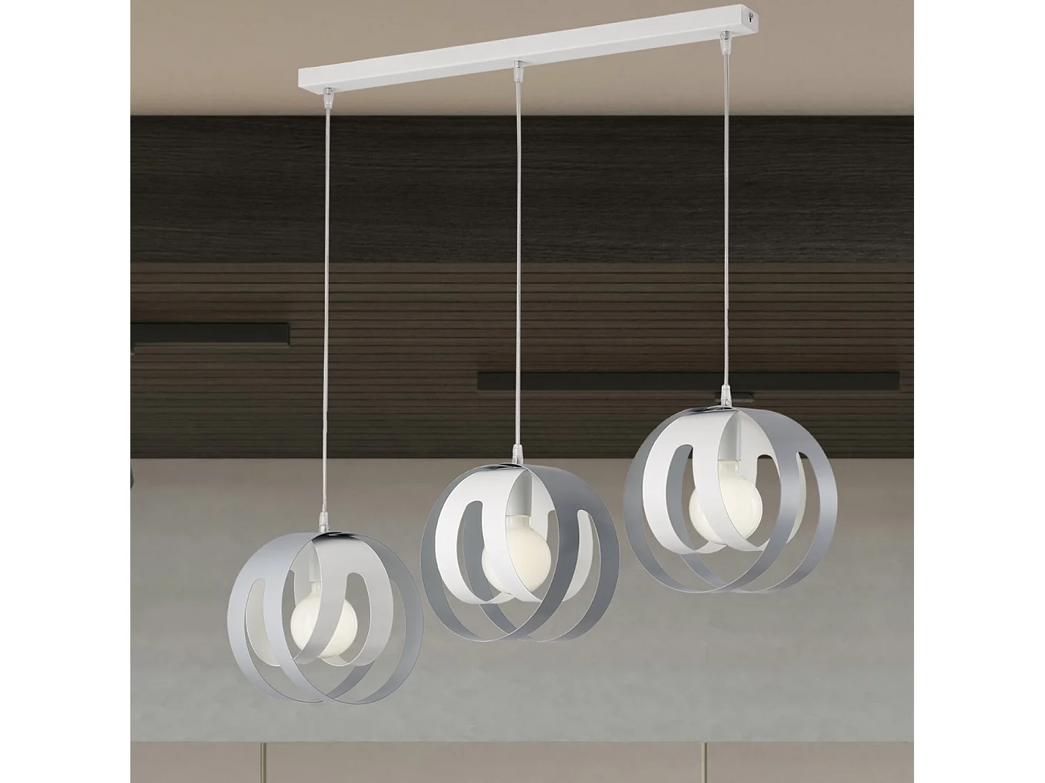 Suspension Tobias rosace rectangulaire, fer blanc et gris, diffuseurs laser, câble orientable, 3 lumières, style moderne