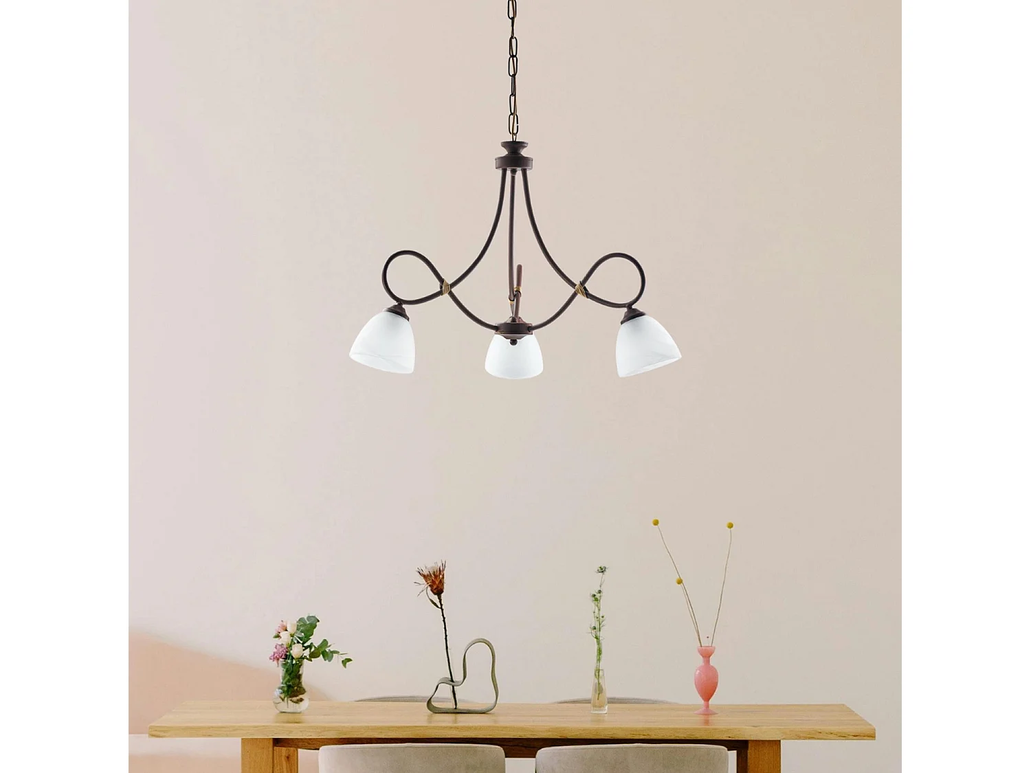 Lustre Dallas noir, effet rouille et or antique, verre albâtre d.13, 3 lumières idéal pour déco industrielle