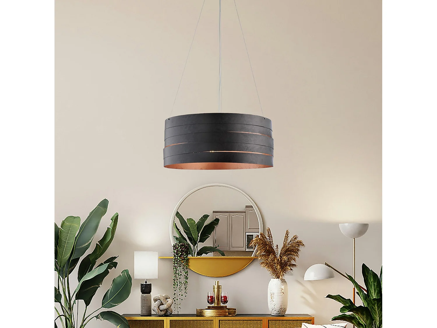 Suspension Mambo noire, déco noire extérieure/intérieure cuivre antique, câbles acier réglables, 3 lumières d.45