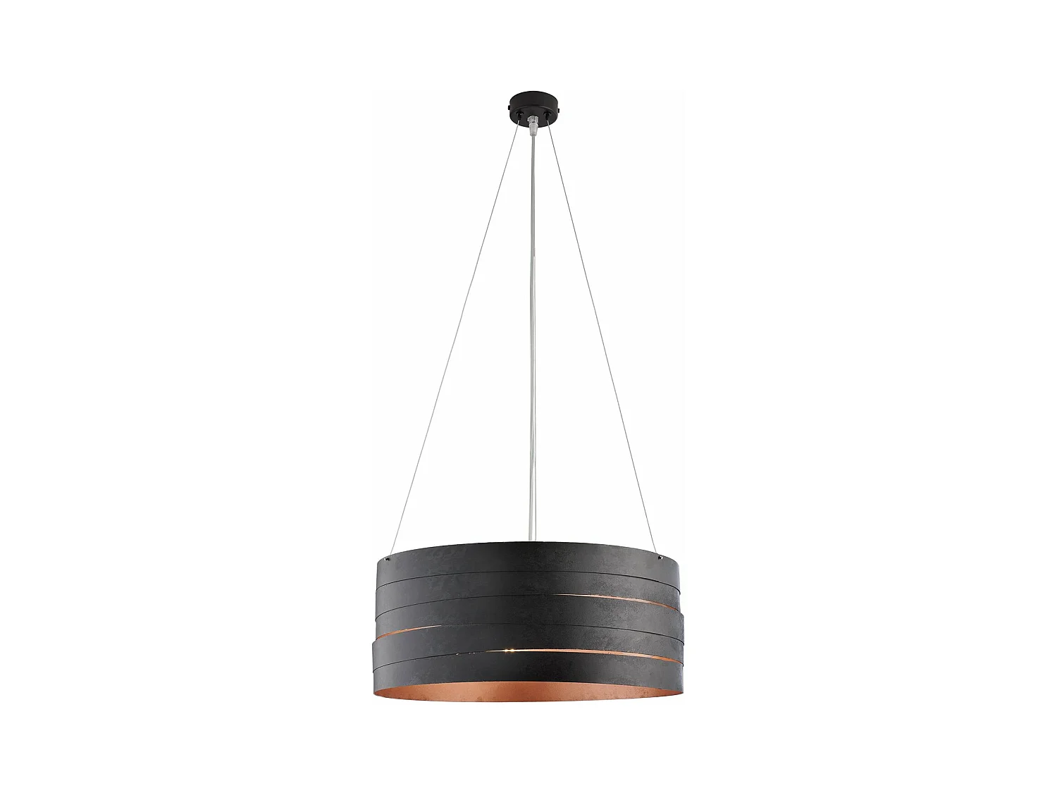 Suspension Mambo noire, déco noire extérieure/intérieure cuivre antique, câbles acier réglables, 3 lumières d.45