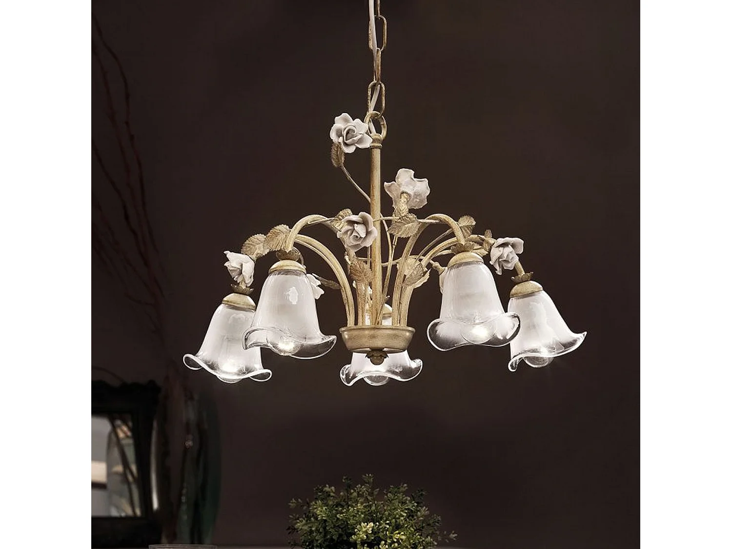 Lampadario Classico Siena Metallo E Ceramica Nero Sfumato Oro Lucido 5 Luci E14