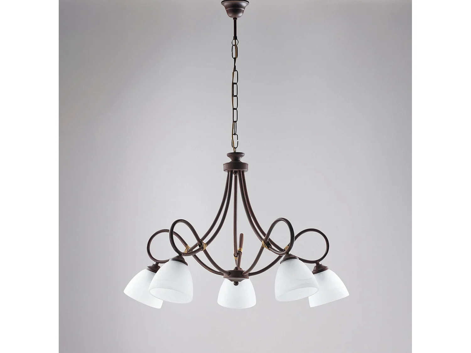 Lustre Dallas noir, effet rouille et or antique, verre albâtre d.13, 5 lumières design rétro chaleureux