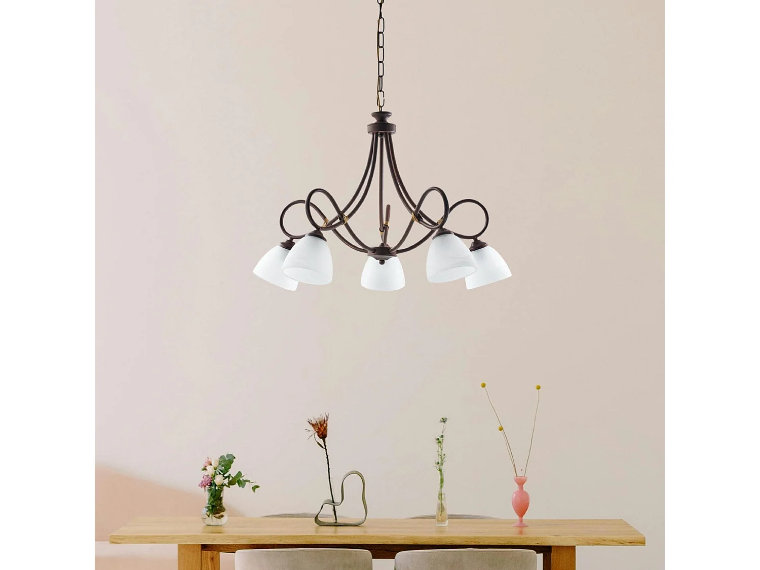 Lustre Dallas noir, effet rouille et or antique, verre albâtre d.13, 5 lumières design rétro chaleureux