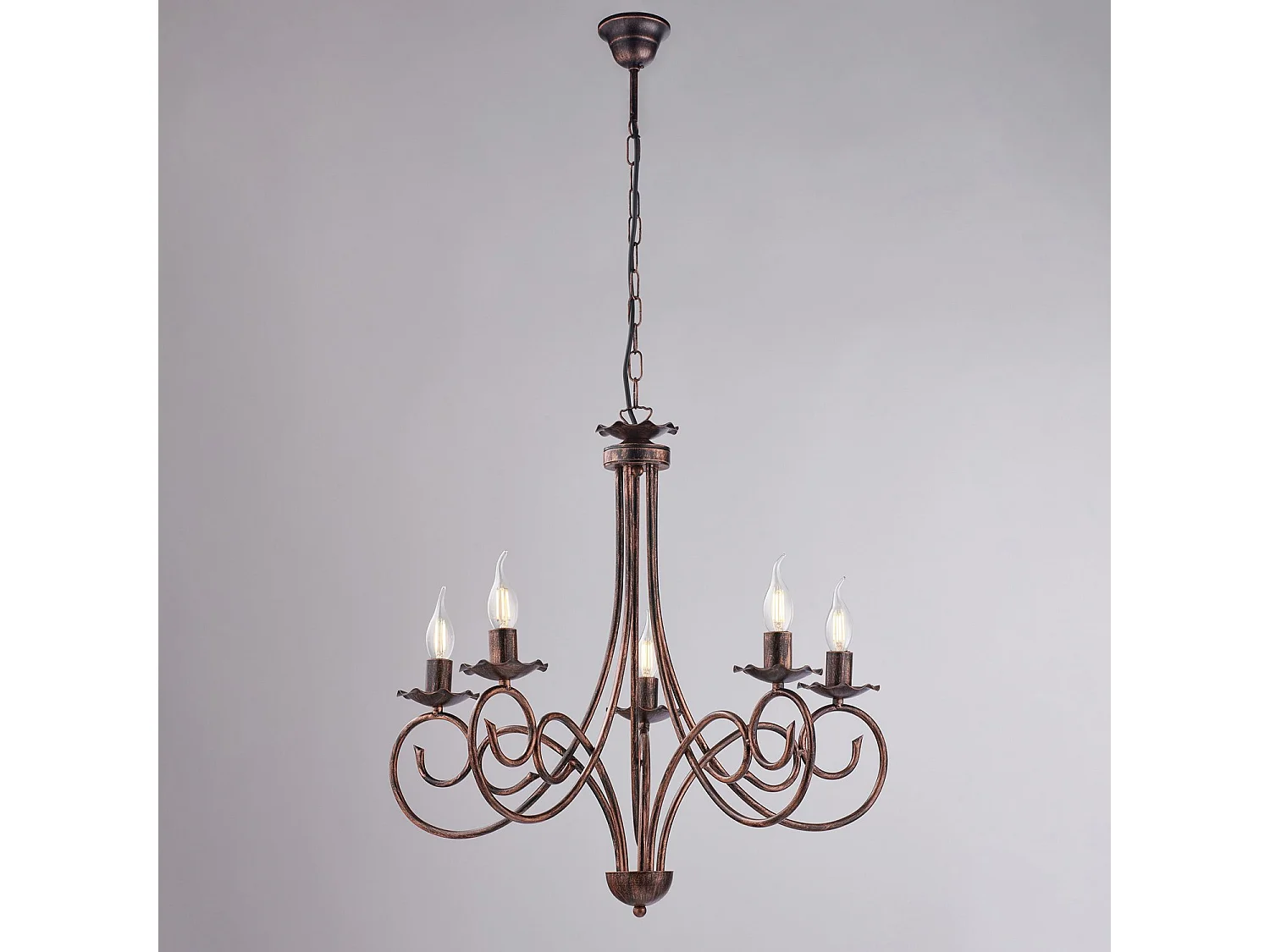 Alma Lustre en fer laqué noir décor cuivre antique 5 lumières 120 d.57 BL130-5-NR