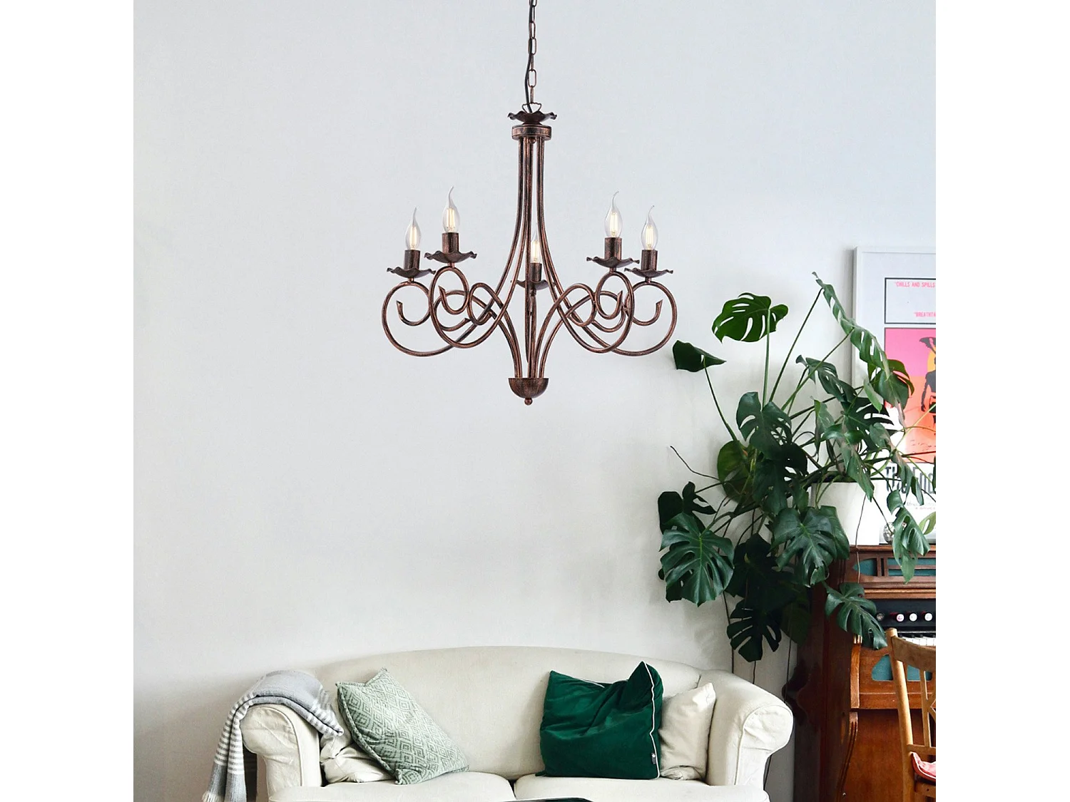 Alma Lustre en fer laqué noir décor cuivre antique 5 lumières 120 d.57 BL130-5-NR