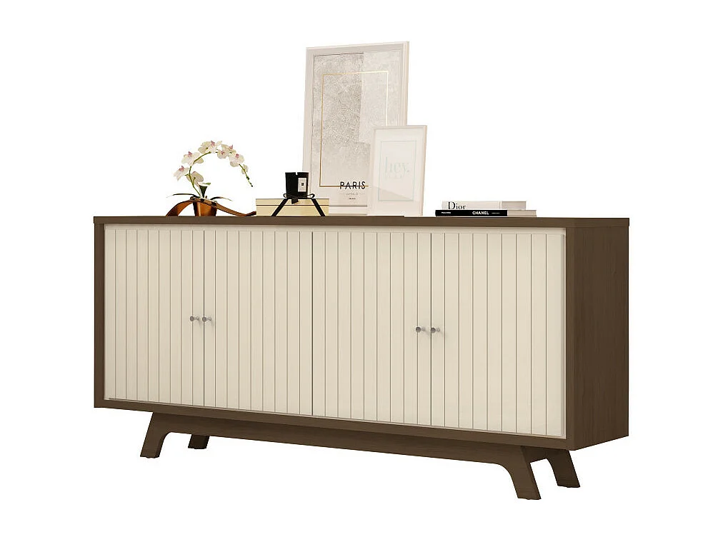 Buffet 4 Portes 180 cm Blanc Ecru et Chêne Foncé L 180 H 80.5 P 35.7 cm