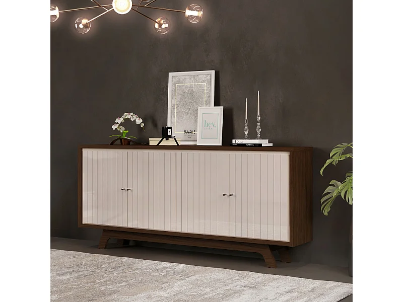 Buffet 4 Portes 180 cm Blanc Ecru et Chêne Foncé L 180 H 80.5 P 35.7 cm