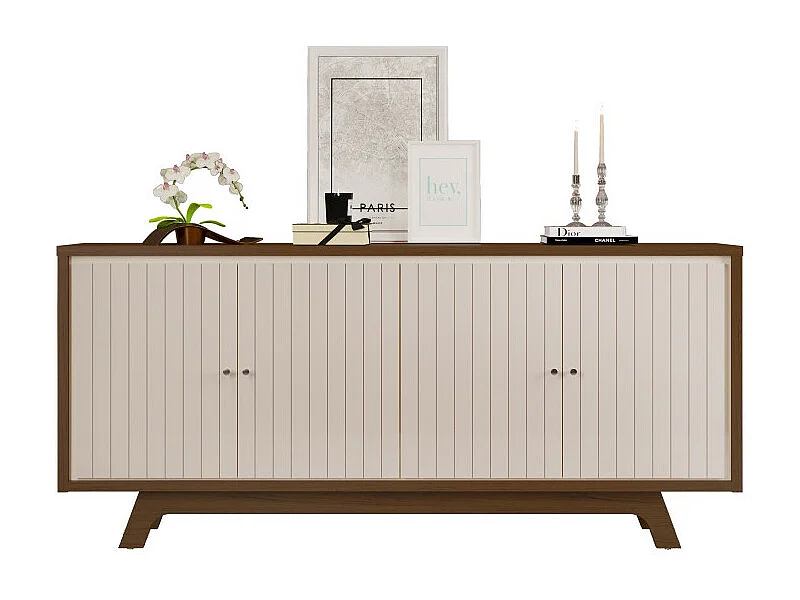 Buffet 4 Portes 180 cm Blanc Ecru et Chêne Foncé L 180 H 80.5 P 35.7 cm