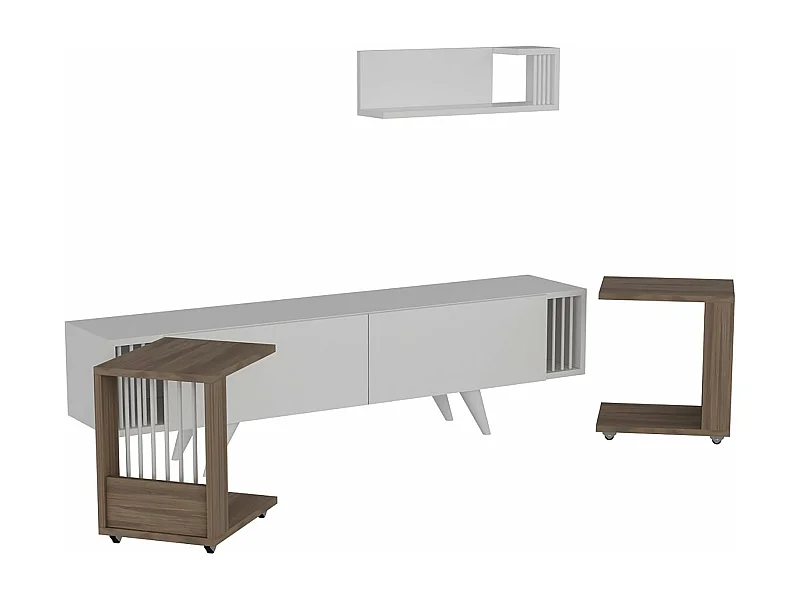 Mueble para TV con 2 mesas auxiliares y estante de pared efecto roble / blanco 03_0007756