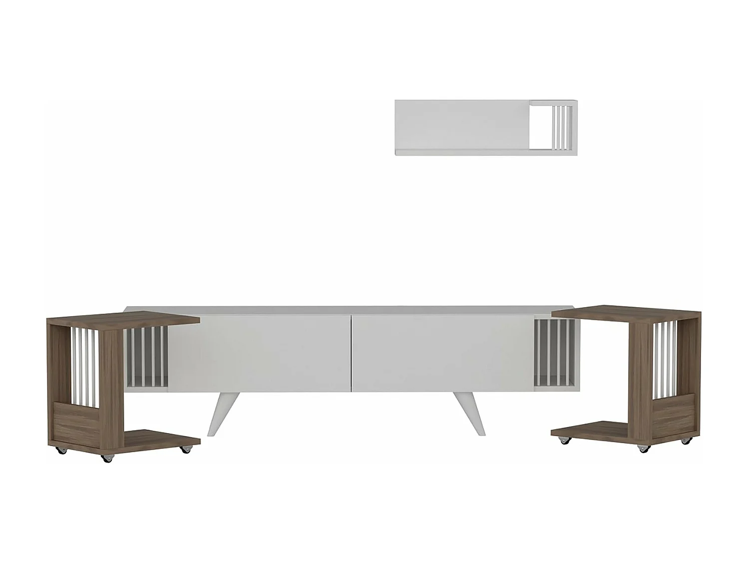 Mueble para TV con 2 mesas auxiliares y estante de pared efecto roble / blanco 03_0007756