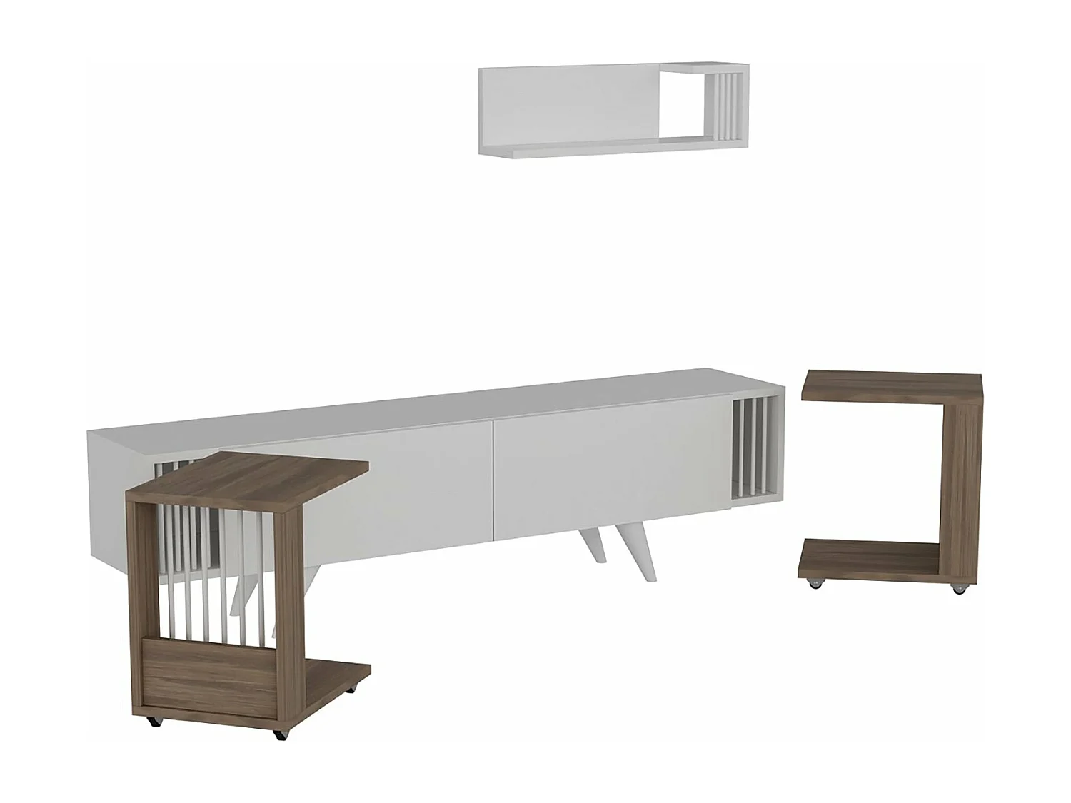 Mueble para TV con 2 mesas auxiliares y estante de pared efecto roble / blanco 03_0007756