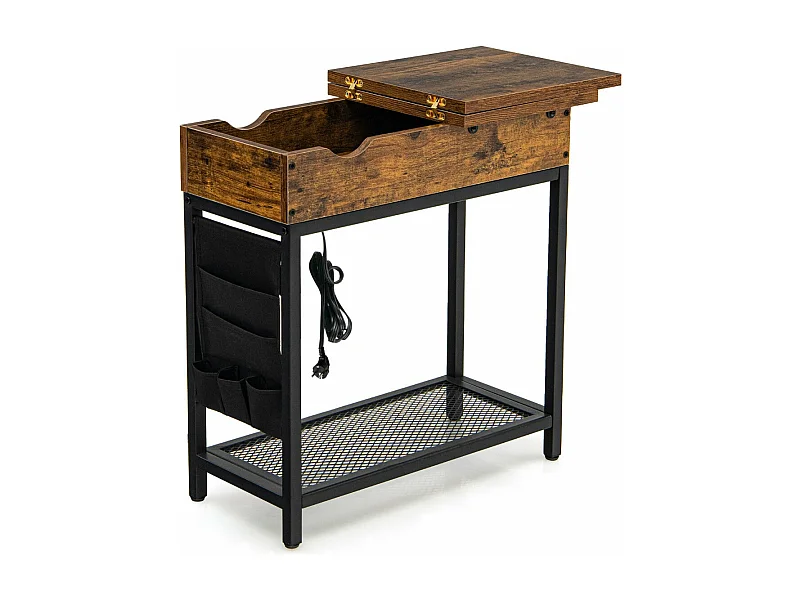 Mesa auxiliar con toma de corriente tapa abatible bolsillo de tela 60 x 30 x 58,5 cm marrón rústico y negro 20_0004076