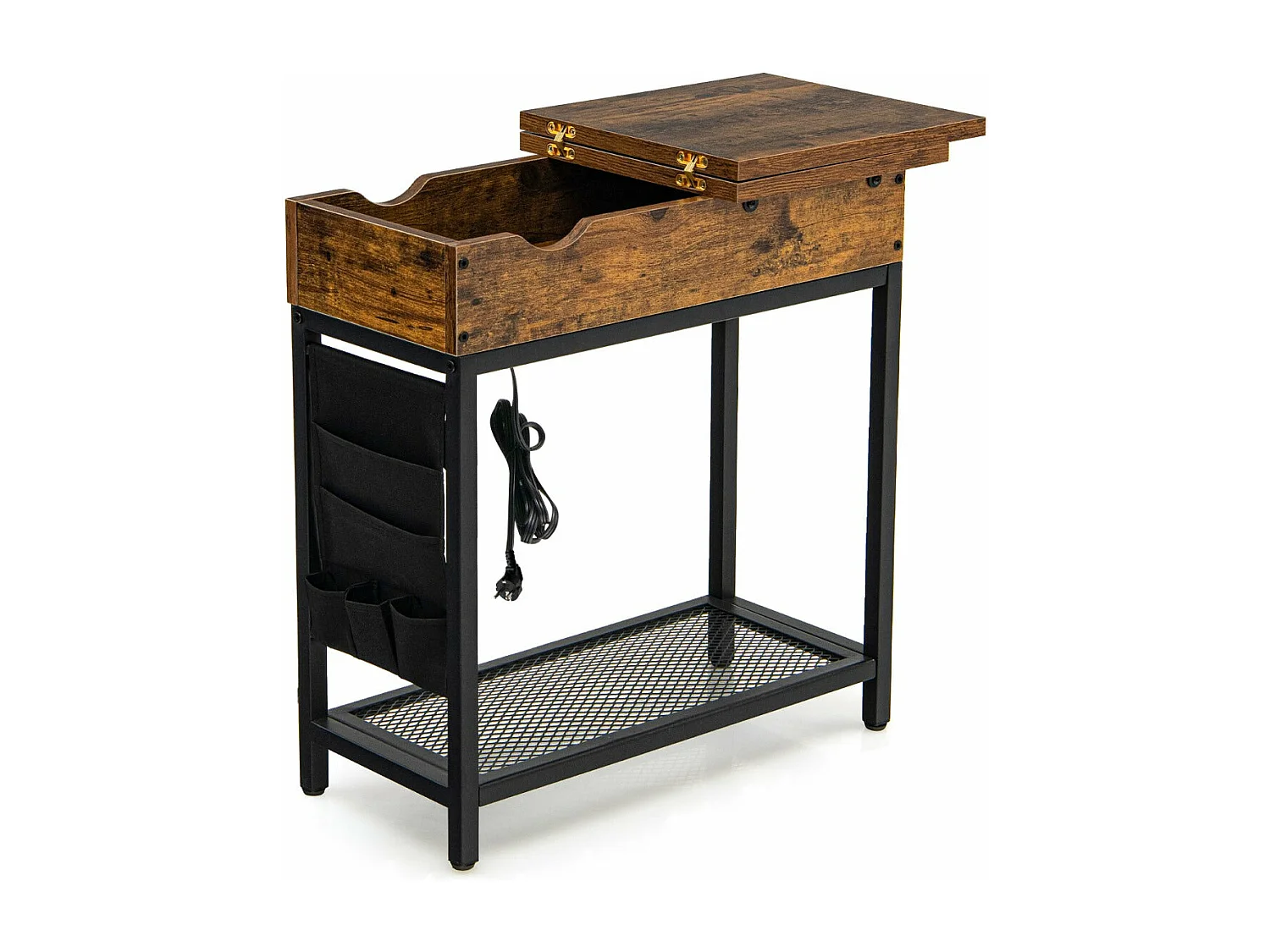 Mesa lateral com tomada elétrica bolso superior dobrável em tecido 60 x 30 x 58,5 cm rústico marrom e preto 20_0004076