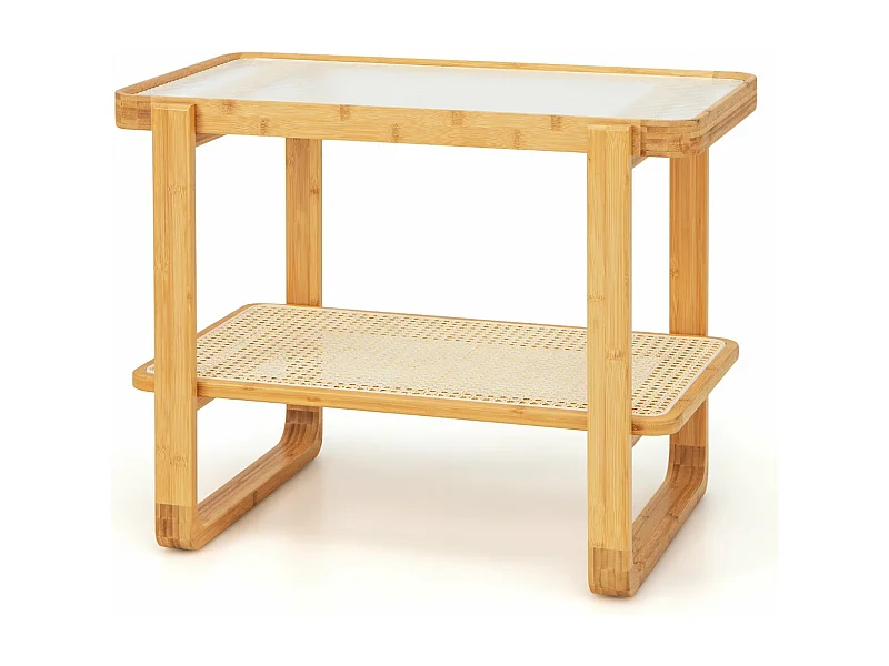 Mesa lateral de bambu de 2 camadas com tampo de vidro mesa de centro compacta para quarto sala de estar natural 20_0005205