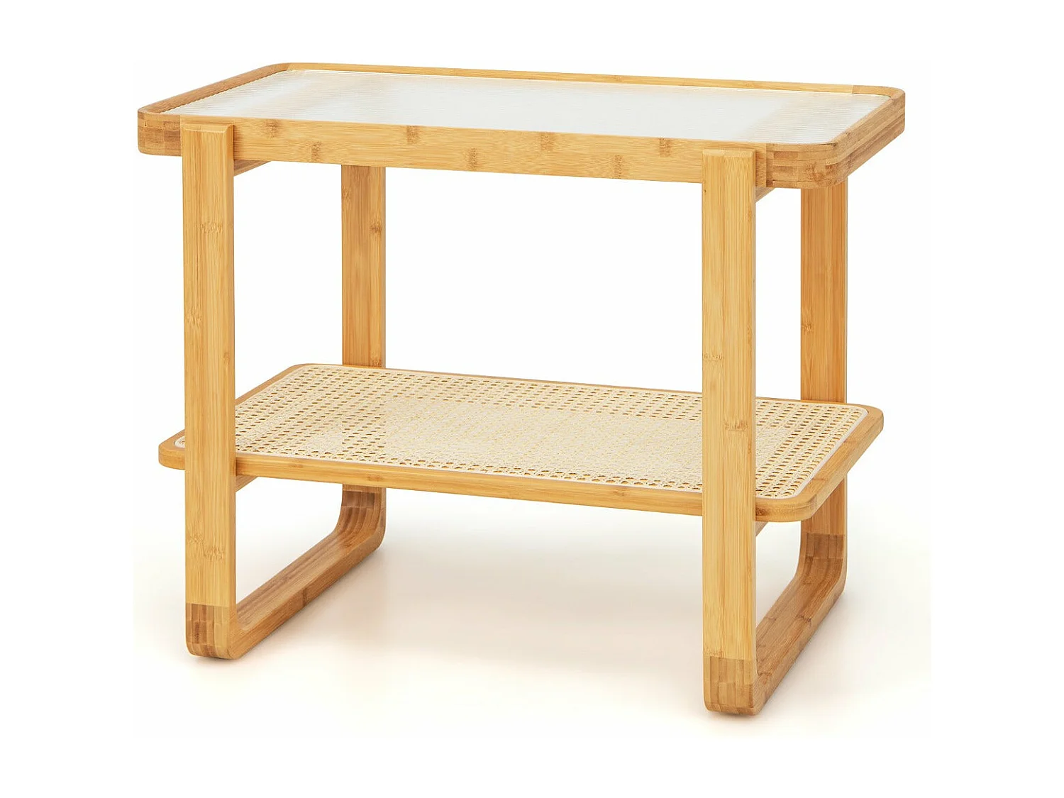 Mesa lateral de bambu de 2 camadas com tampo de vidro mesa de centro compacta para quarto sala de estar natural 20_0005205