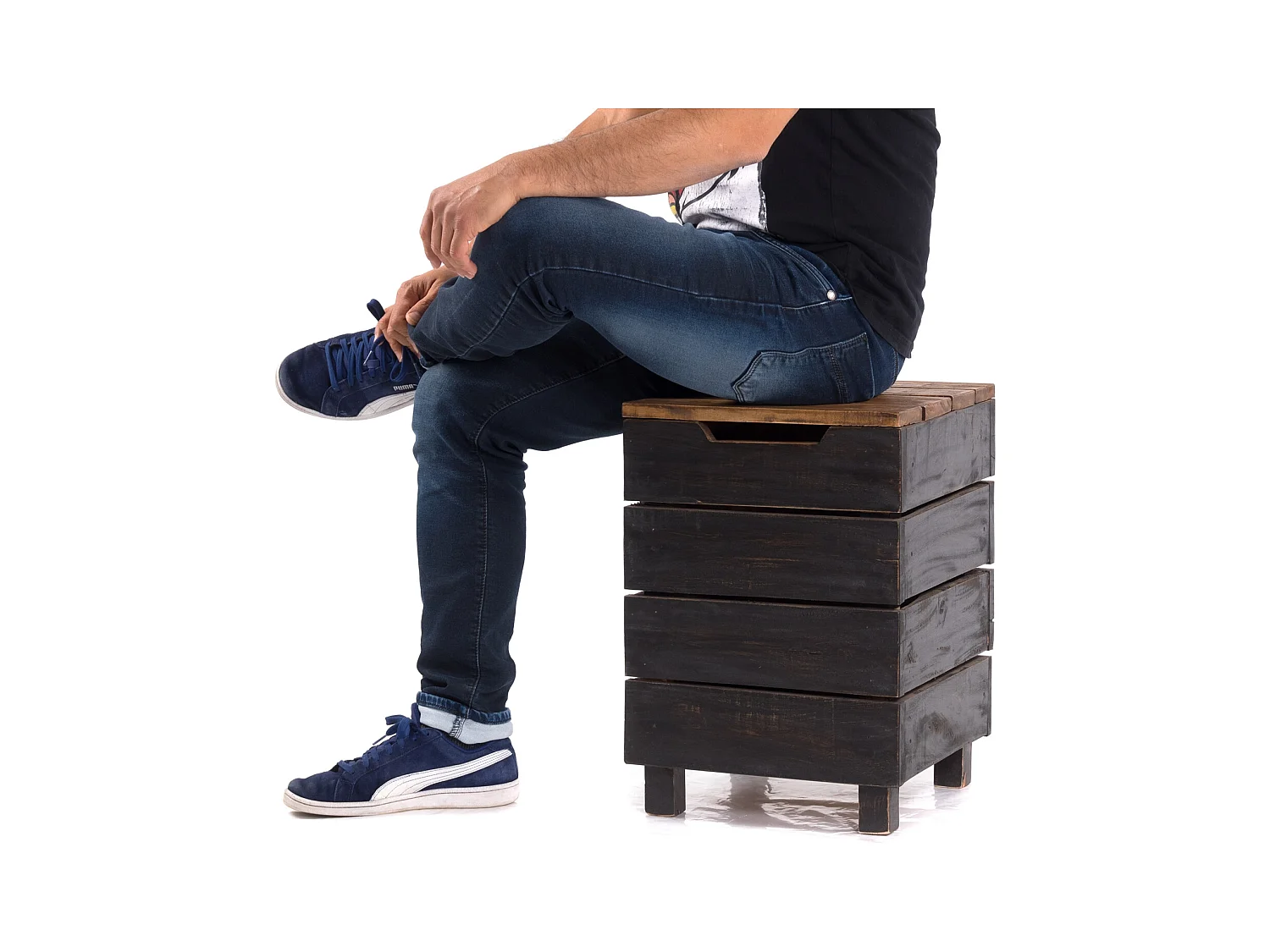 PANIER À LINGE STOCKAGE 50 Bois massif, couvercle pliable 04 schwarz-natur