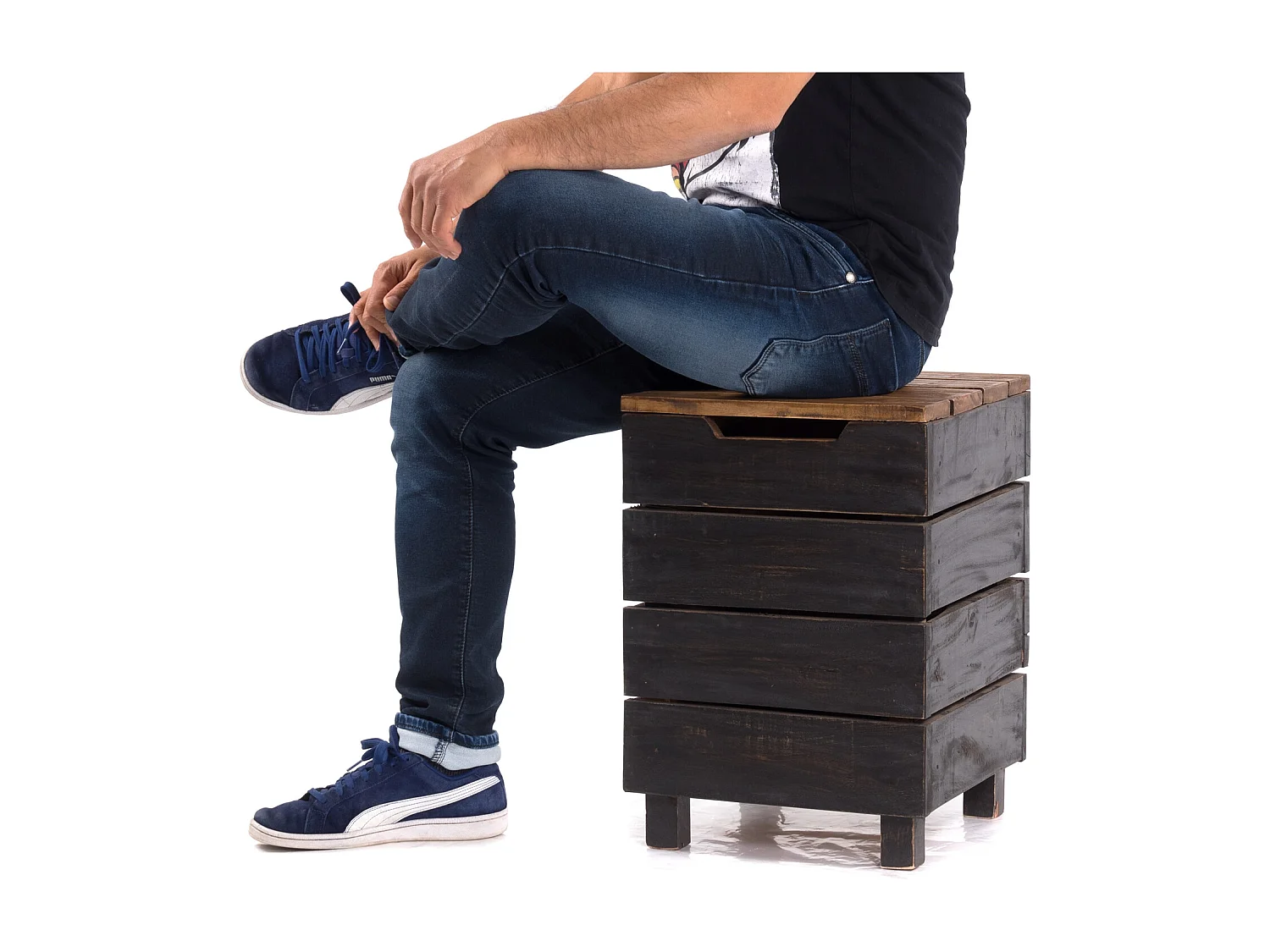 WÄSCHEKORB STORAGE 50 Massivholz, klappbarer Deckel 04 schwarz-natur