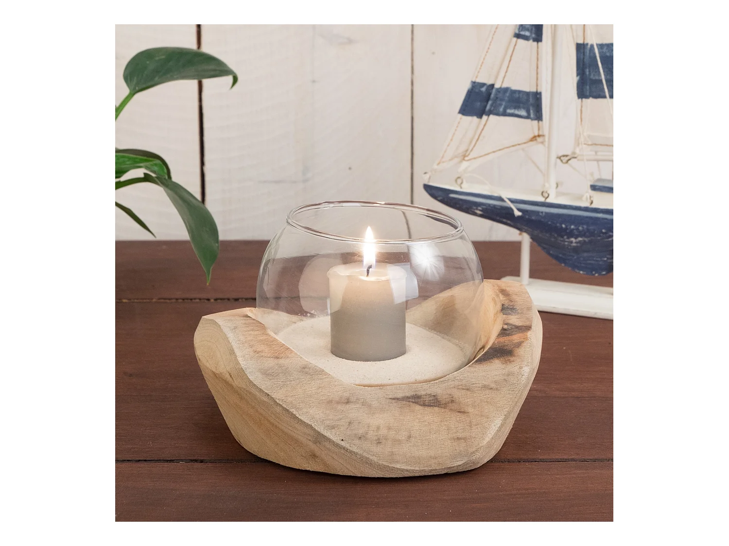 LANTERNE Nuria 18x11x15 cm, bois de racine, avec insert en verre couleurs naturelles