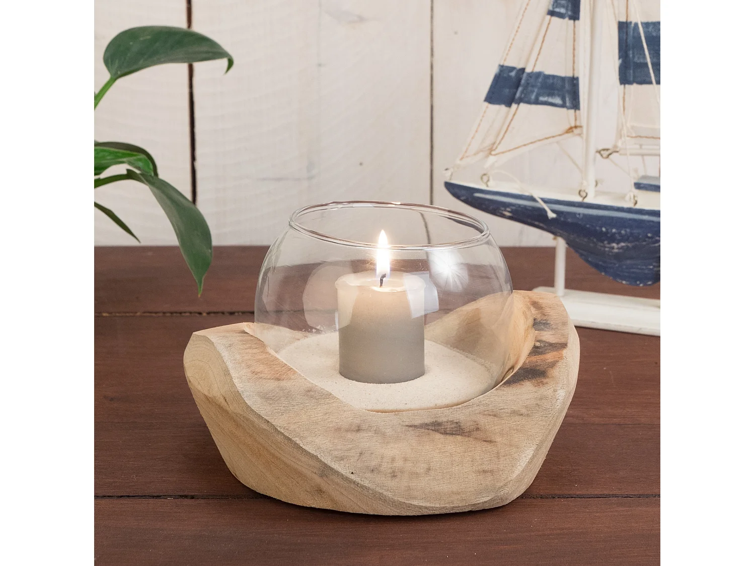 LANTERNE Nuria 18x11x15 cm, bois de racine, avec insert en verre couleurs naturelles