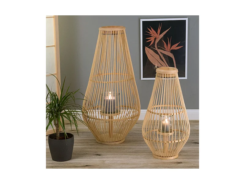 LATERNE  FINN 70 Bambus, mit Windlicht-Glaseinsatz naturfarben