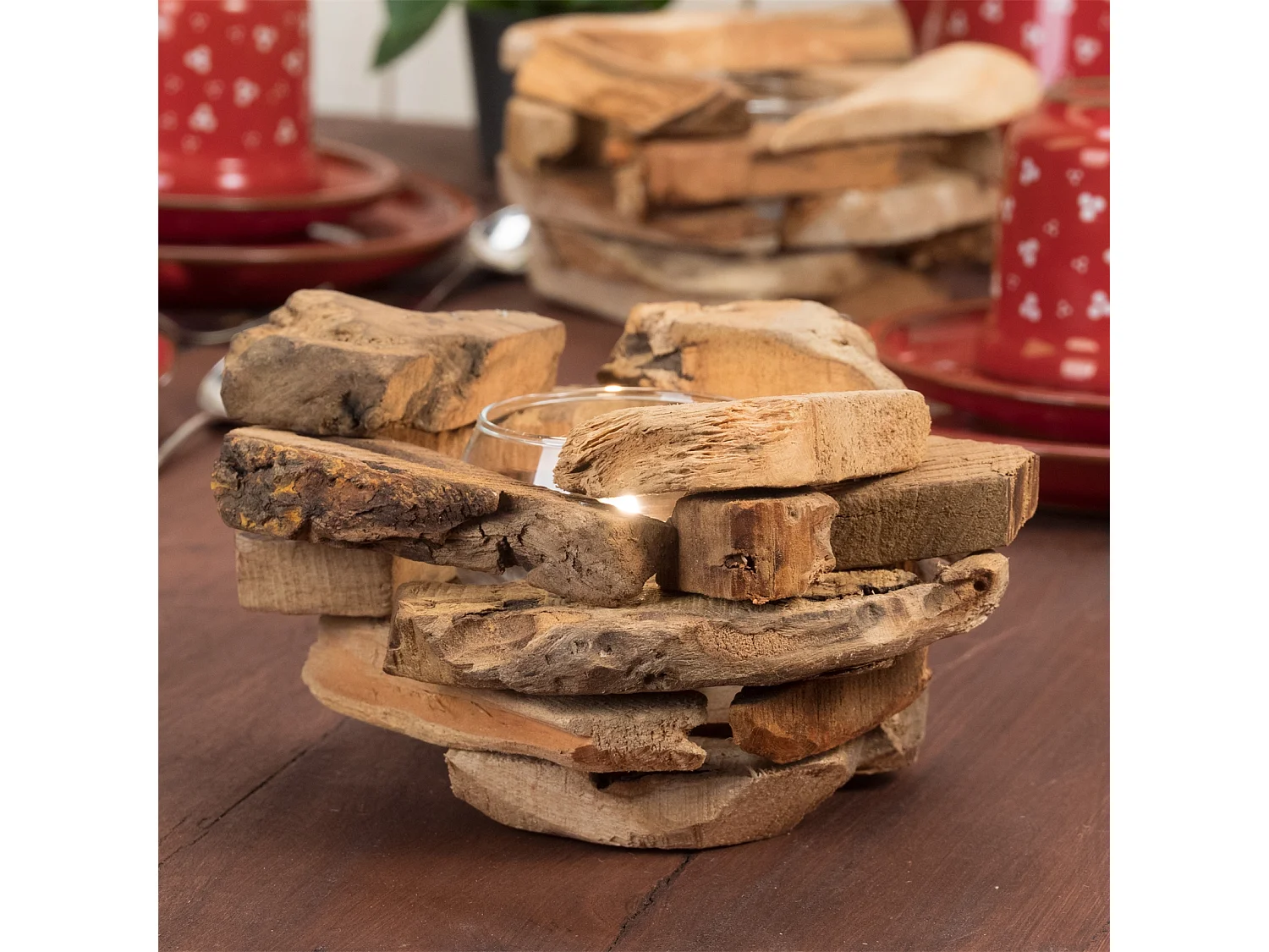 TEELICHTHALTER  Mio Wurzelholz, mit Glaseinsatz naturfarben
