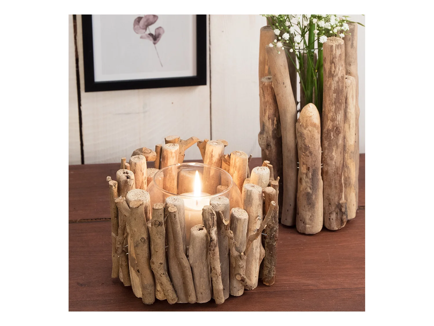 LANTERNE Hana 12x17x17 cm, bois flotté, avec insert en verre couleurs naturelles