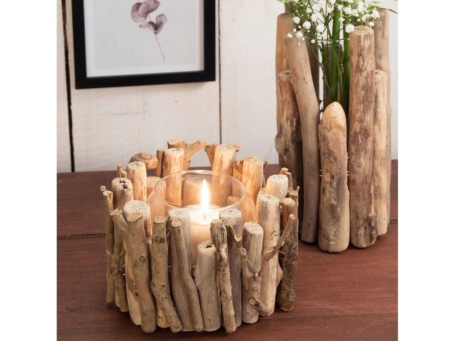 WINDLICHT Hana 12x17x17 cm, Treibholz, mit Glaseinsatz naturfarben