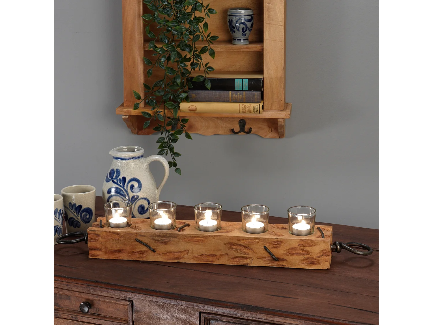 TEELICHTHALTER Burnt 70 Mangoholz, mit Glaseinsatz für 5 Teelichter natur-schwarz