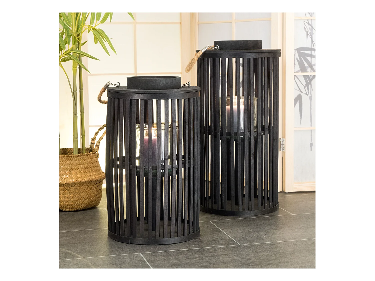 LANTERNE BODENLEUCHTER Midnight | Bambou, noir | avec insert en verre | Porte-bougie, lanterne, chandelier, décoration