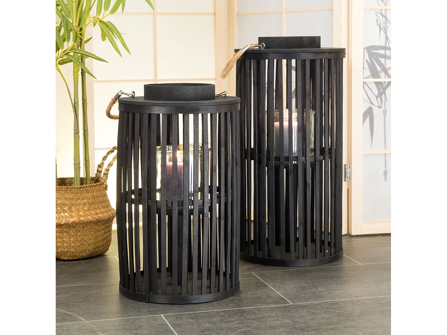 LATERNE Midnight 40 Bambus, mit Windlicht-Glaseinsatz schwarz