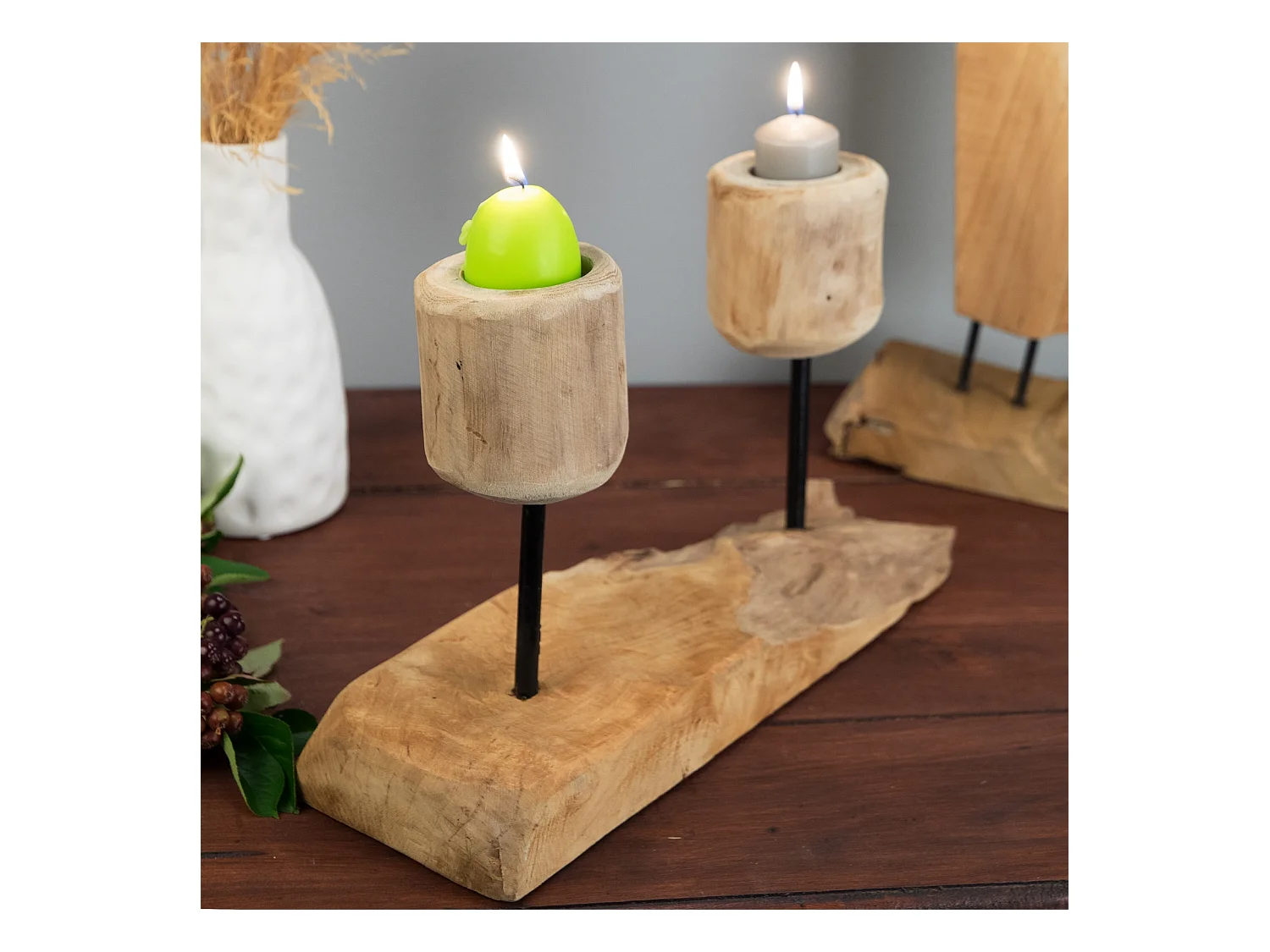 BOUGEOIR Deux lumières Bois de racine de teck, pour 2 bougies
