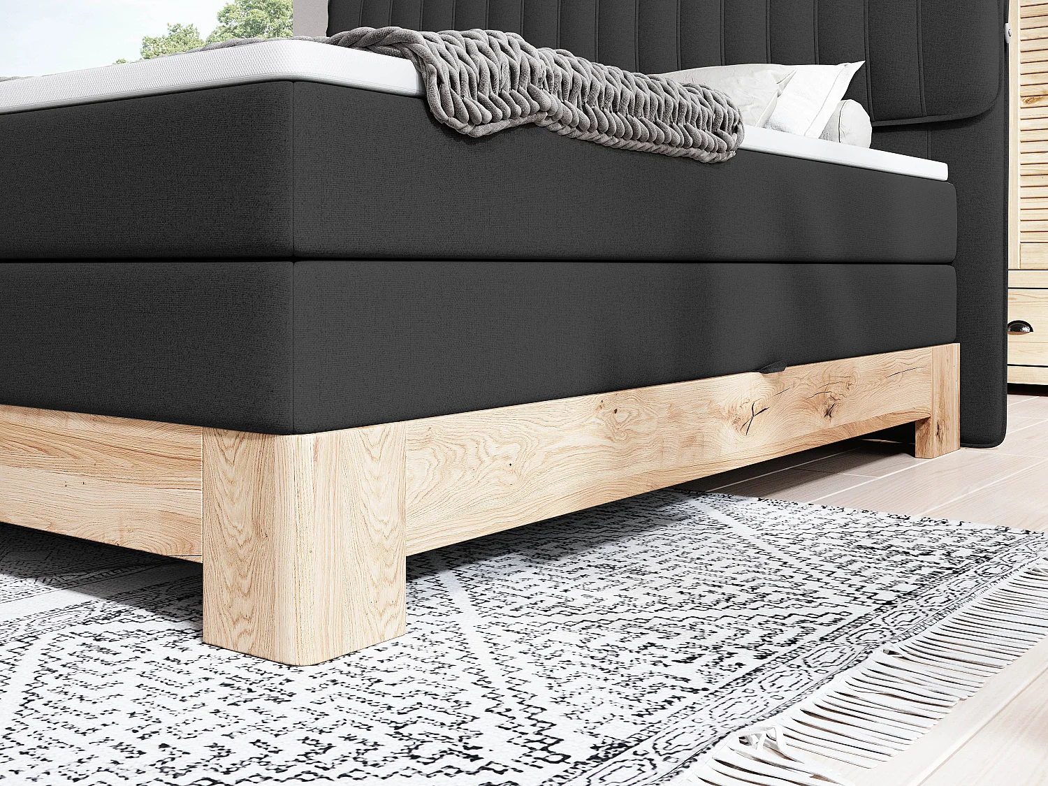 MELIA, Lit rembourré avec ressorts ensachés, cadre en chêne, matelas élastique, surface de couchage : 140x200 cm, noir