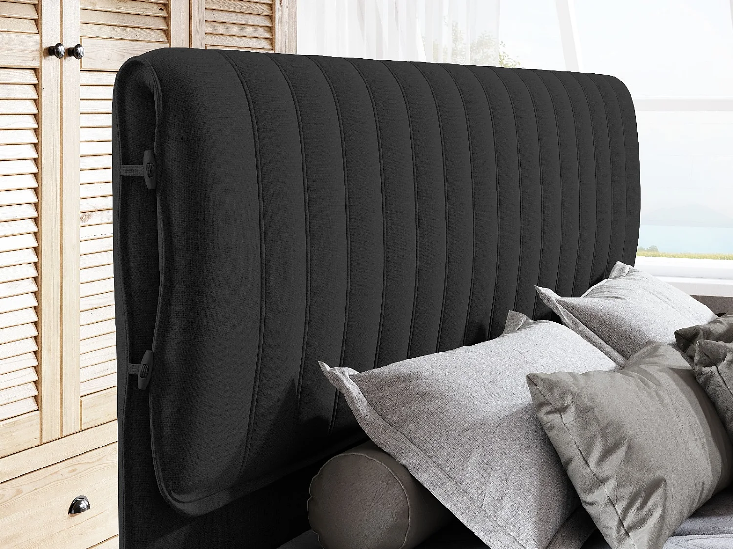 MELIA, Lit rembourré avec ressorts ensachés, cadre en chêne, matelas élastique, surface de couchage : 140x200 cm, noir