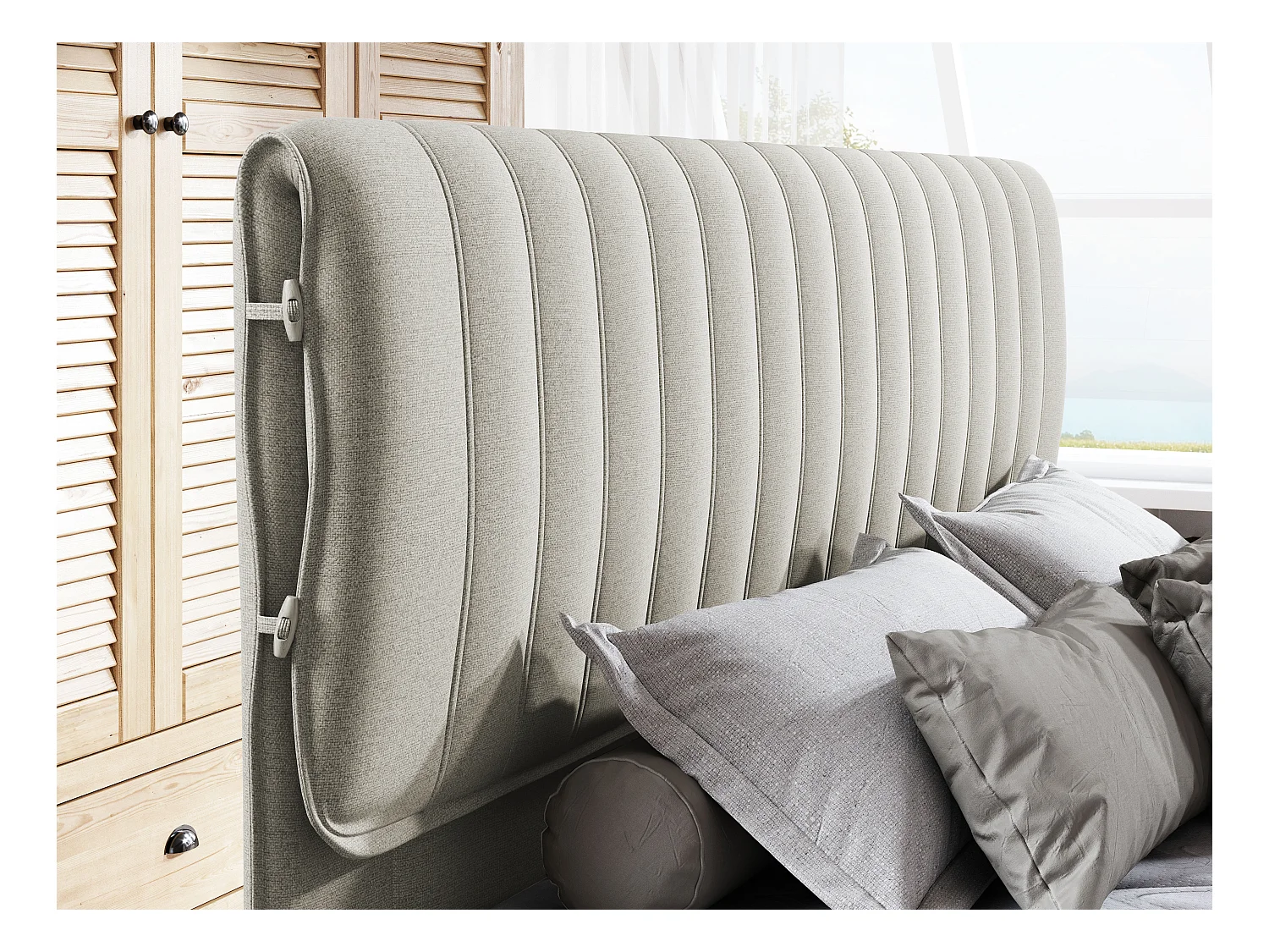 MELIA, Lit tapissé avec ressorts ensachés, cadre en chêne, matelas élastique, surface de couchage : 160x200 cm, frêne