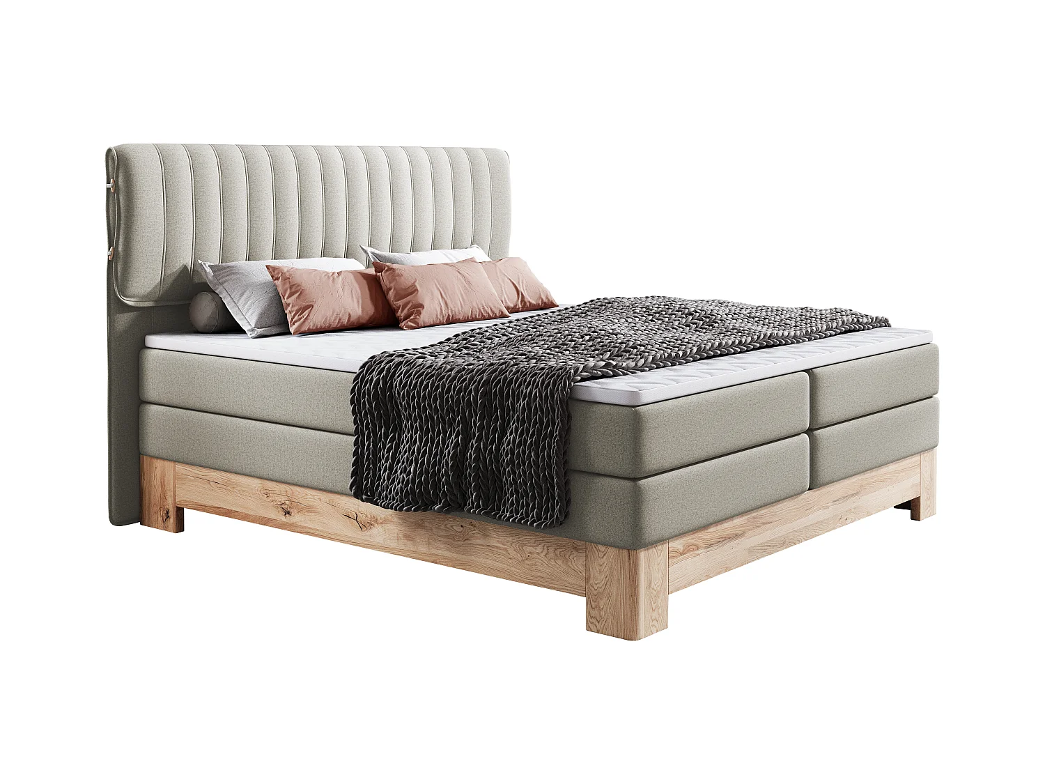 MELIA, Lit tapissé avec ressorts ensachés, cadre en chêne, matelas élastique, surface de couchage : 160x200 cm, frêne