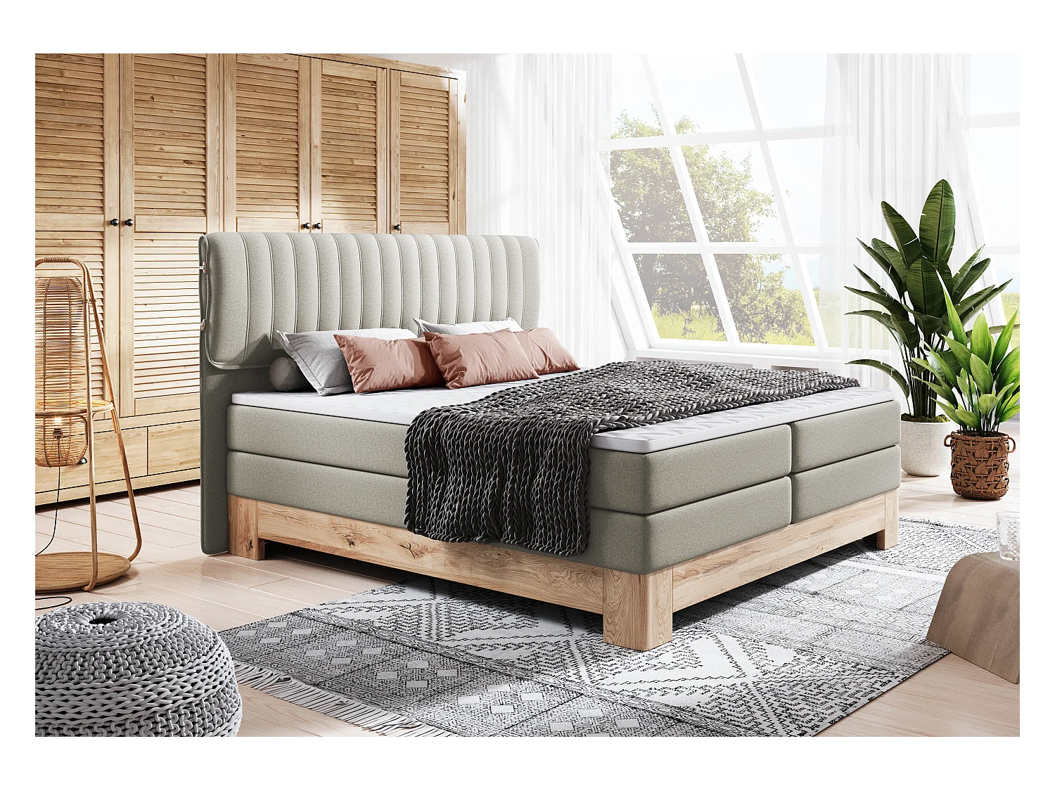 MELIA, Lit tapissé avec ressorts ensachés, cadre en chêne, matelas élastique, surface de couchage : 160x200 cm, frêne