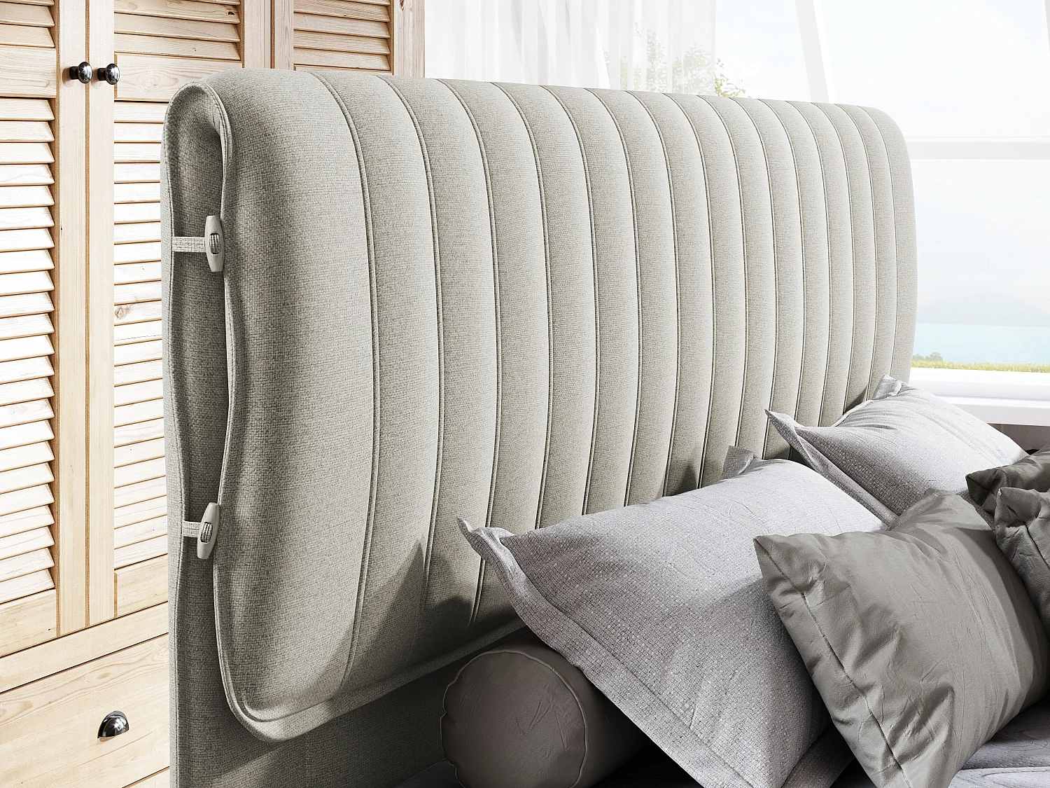 MELIA, Gestoffeerd bed met pocketveren, eikenhouten frame, elastische matras, slaapoppervlak: 160x200 cm, essen