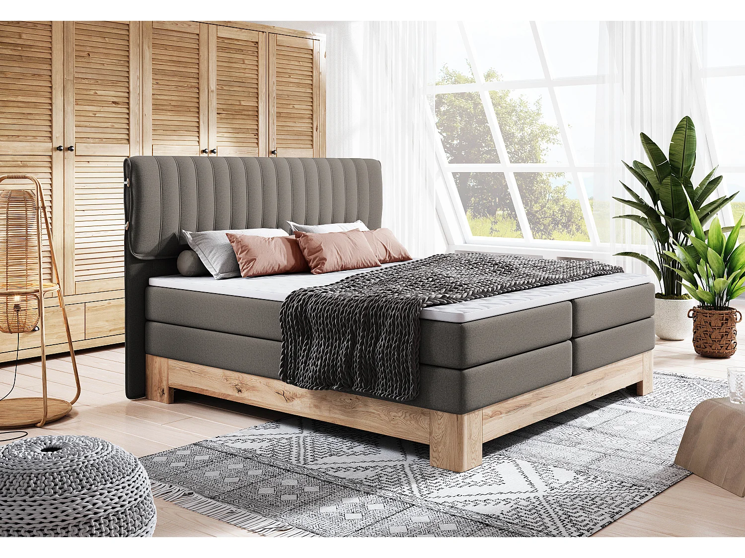 MELIA, Lit rembourré à ressorts ensachés, cadre en chêne, matelas élastique, surface de couchage : 180x200 cm, gris foncé