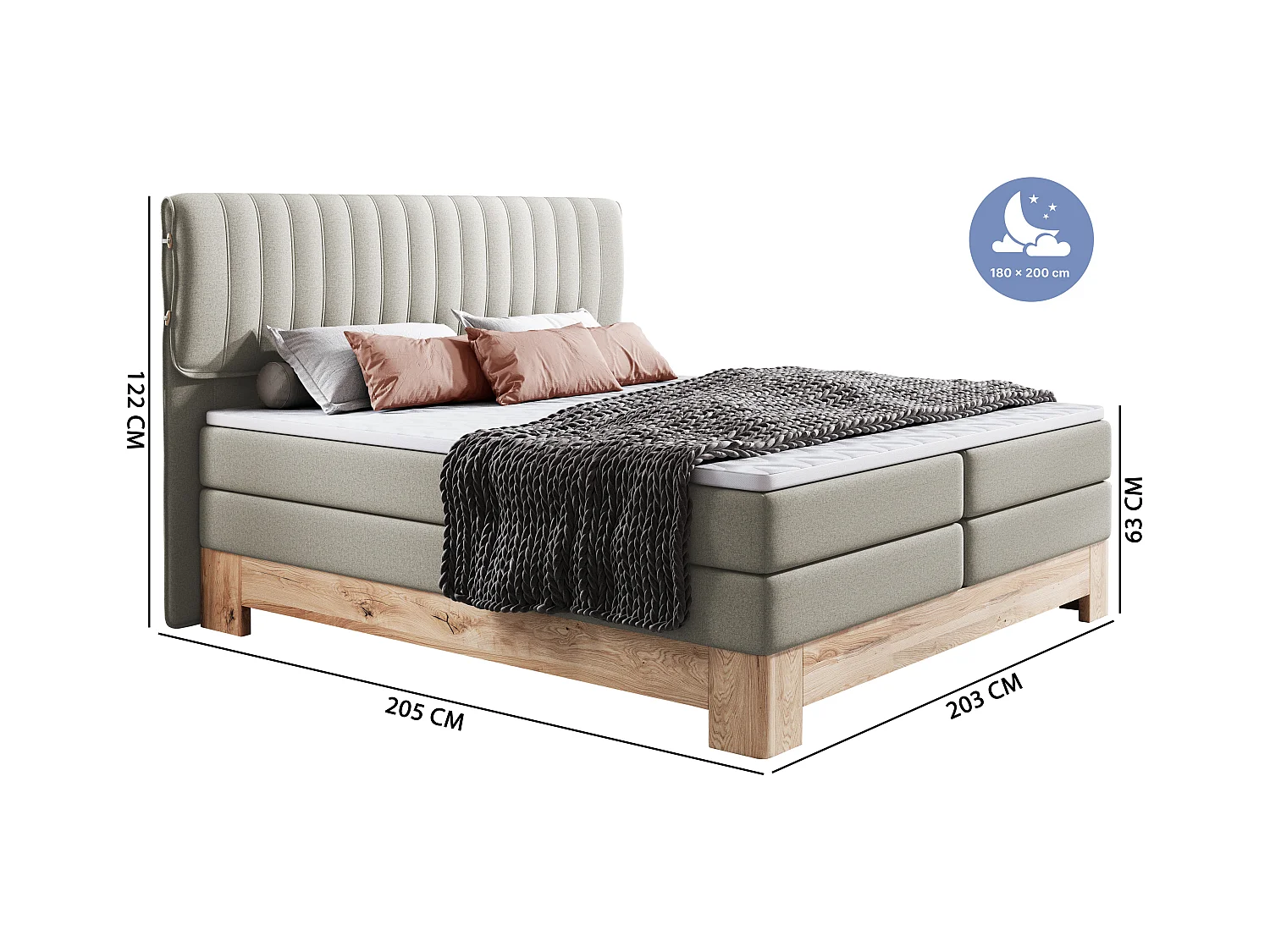 MELIA, Lit rembourré à ressorts ensachés, cadre en chêne, matelas élastique, surface de couchage : 180x200 cm, bleu