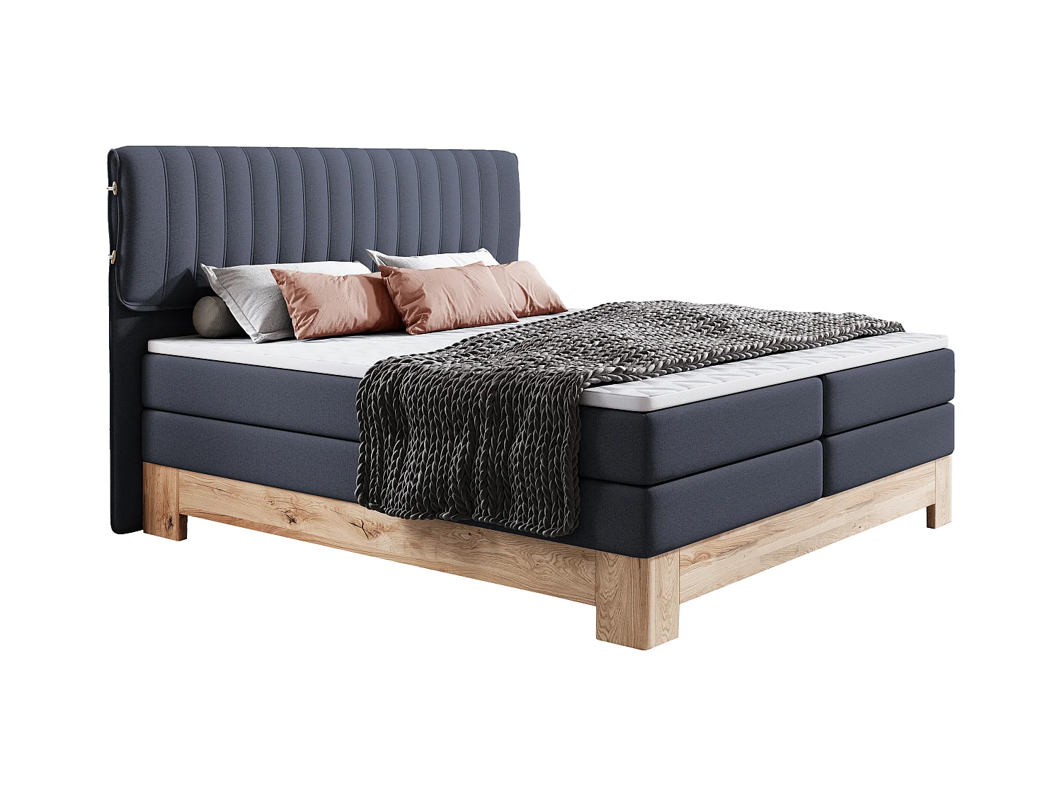 MELIA, Lit rembourré à ressorts ensachés, cadre en chêne, matelas élastique, surface de couchage : 180x200 cm, bleu