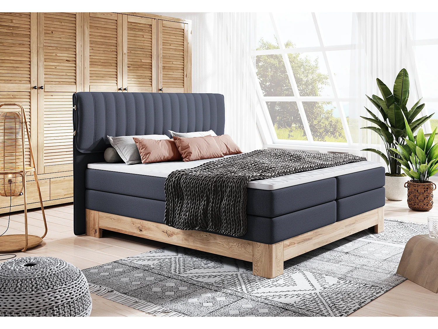 MELIA, Lit rembourré à ressorts ensachés, cadre en chêne, matelas élastique, surface de couchage : 180x200 cm, bleu