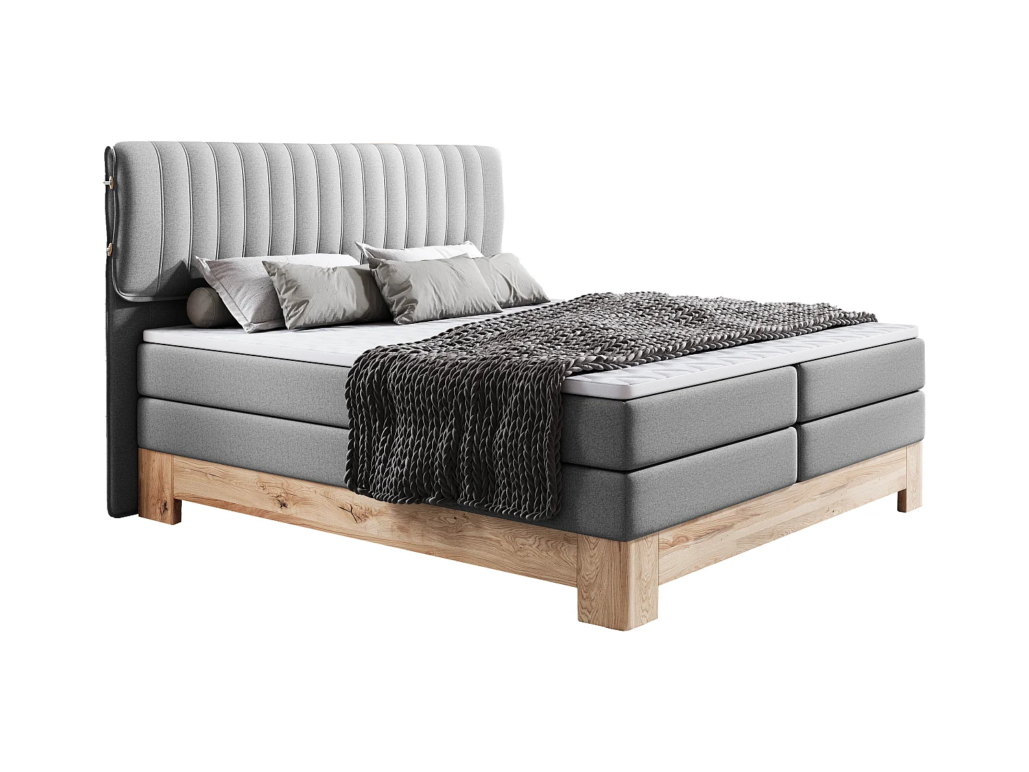 MELIA, Lit rembourré avec ressorts ensachés, cadre en chêne, matelas élastique, surface de couchage : 160x200 cm, gris clair