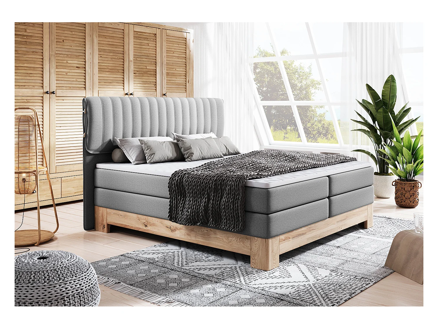 MELIA, Lit rembourré avec ressorts ensachés, cadre en chêne, matelas élastique, surface de couchage : 160x200 cm, gris clair