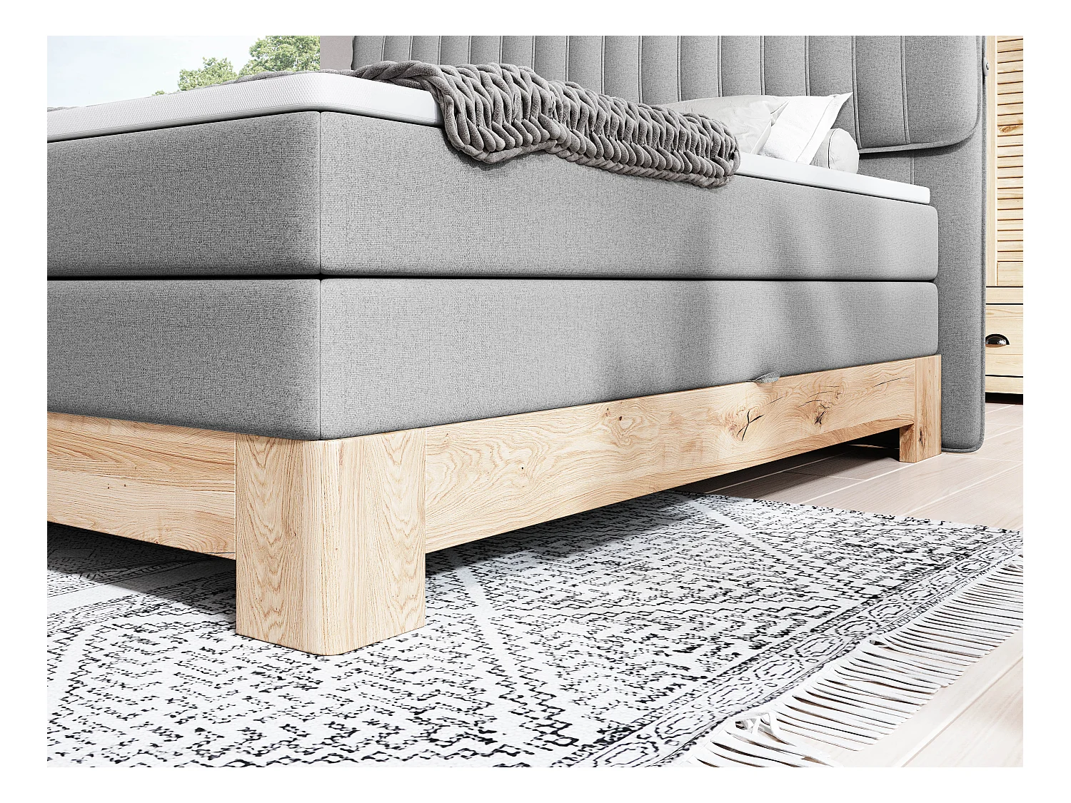 MELIA, Lit rembourré avec ressorts ensachés, cadre en chêne, matelas élastique, surface de couchage : 160x200 cm, gris clair