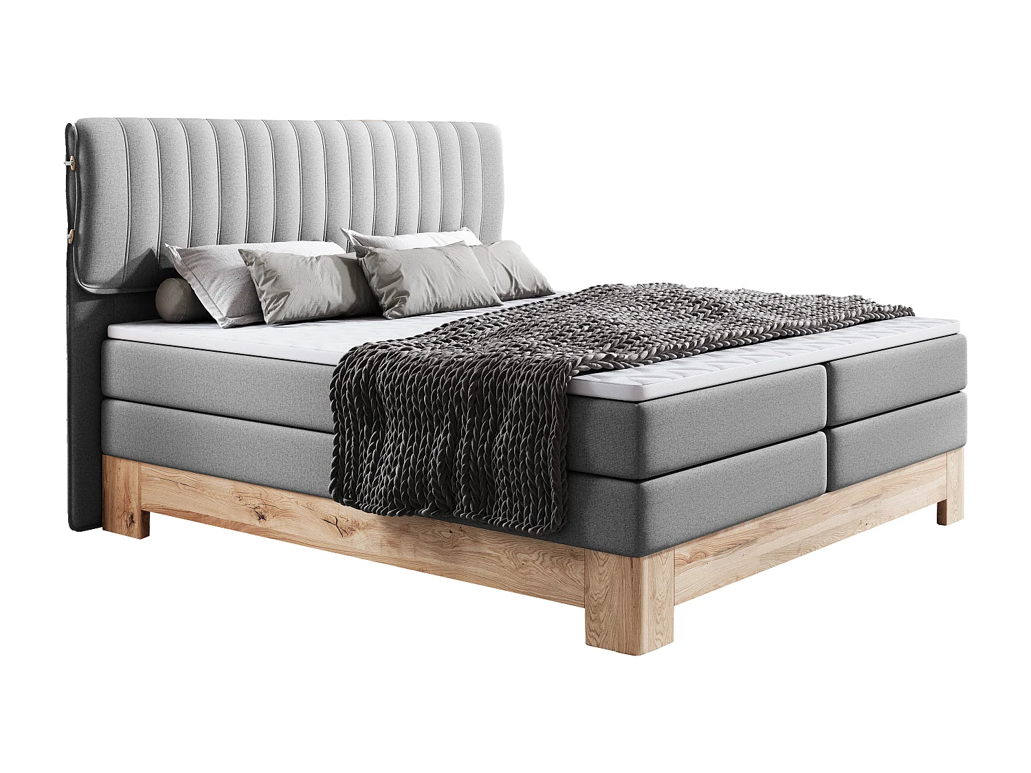 MELIA, Gestoffeerd bed met pocketveren, eiken frame, elastische matras, slaapoppervlak: 160x200 cm, lichtgrijs