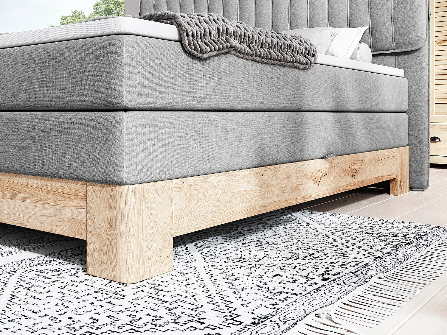 MELIA, Gestoffeerd bed met pocketveren, eiken frame, elastische matras, slaapoppervlak: 160x200 cm, lichtgrijs