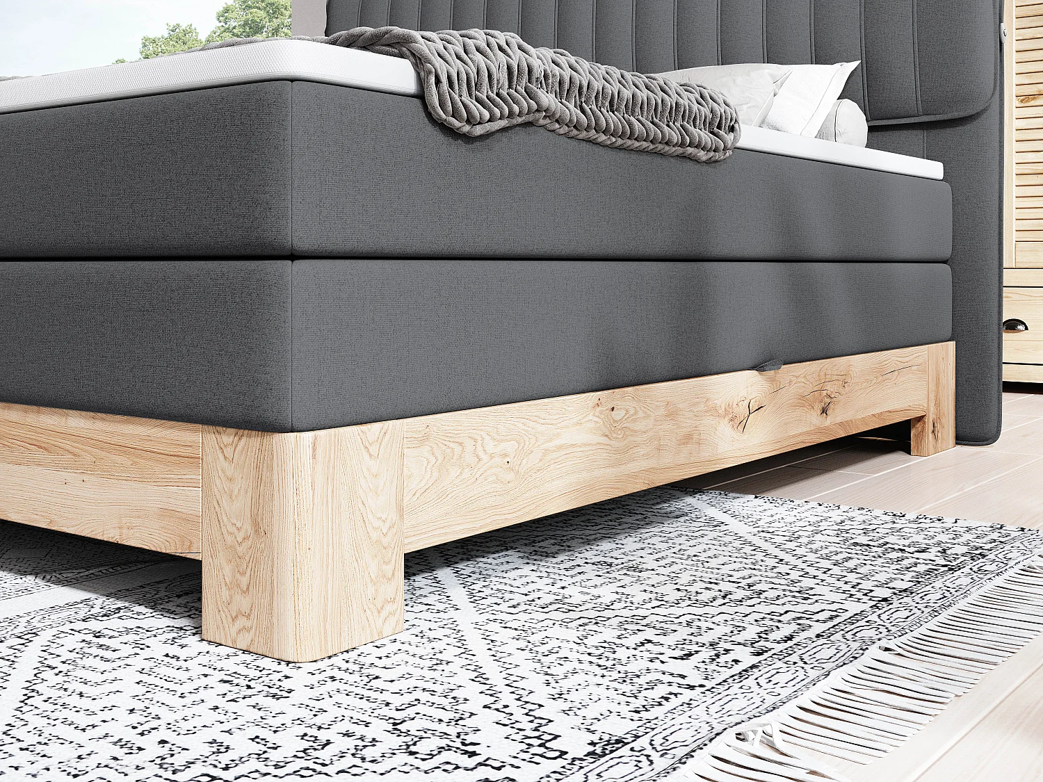 MELIA, Gestoffeerd bed met pocketveren, eikenhouten frame, elastische matras, slaapoppervlak: 160x200 cm, grafiet