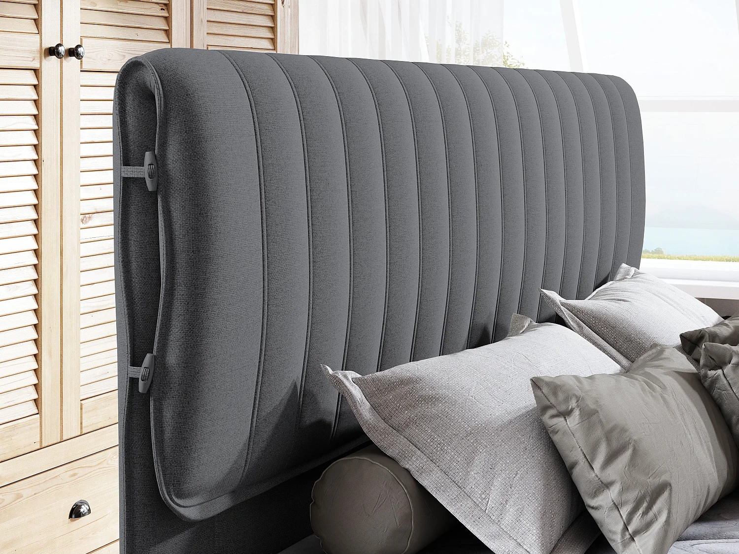 MELIA, Gestoffeerd bed met pocketveren, eikenhouten frame, elastische matras, slaapoppervlak: 160x200 cm, grafiet