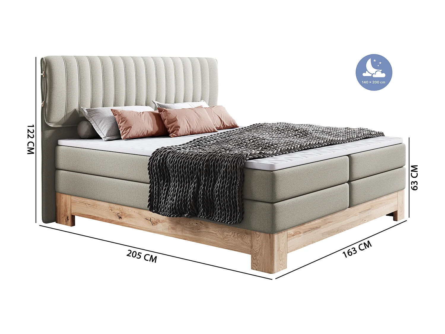 MELIA, Gestoffeerd bed met pocketveren, eiken frame, elastische matras, slaapoppervlak: 140x200 cm, grafiet
