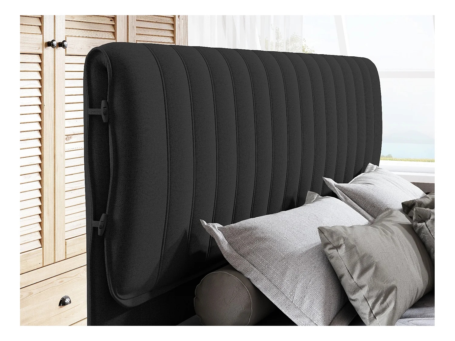 MELIA, Lit rembourré à ressorts ensachés, cadre en chêne, matelas élastique, surface de couchage : 180x200 cm, noir